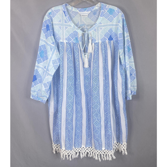 The Company Store Dress Size Large Blue Cotton Tassel Tunic Cover Up Boho Beach - Picture 1 of 9